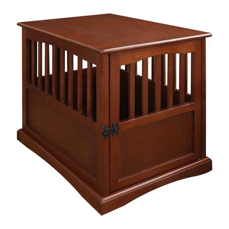 a wooden dog crate with a door