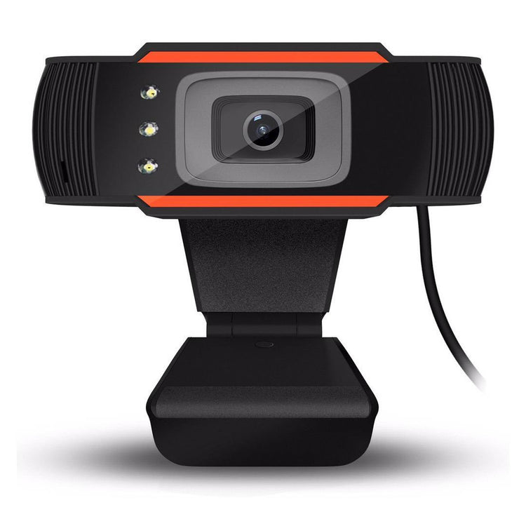a black webcam with a red stripe