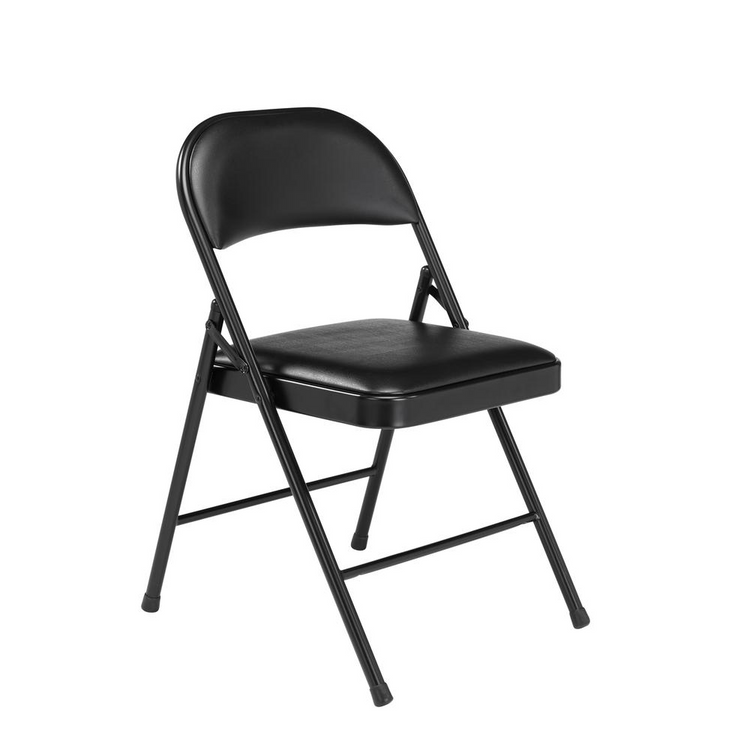 a black folding chair with a black cushion