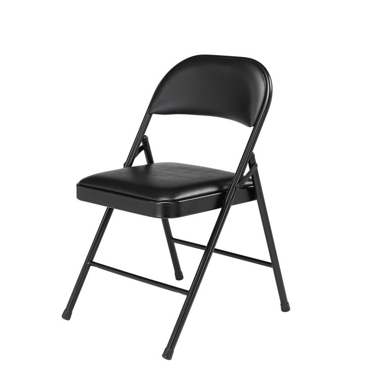 a black folding chair with a black cushion