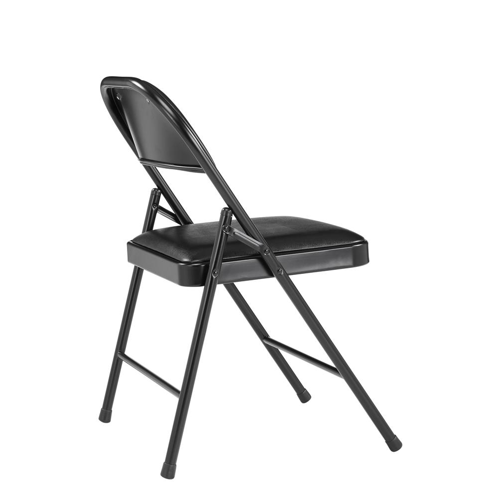 a black folding chair with black cushion