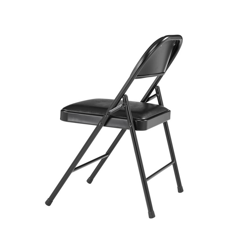 a black folding chair with black cushion