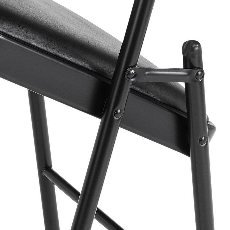 a black folding chair with a black cushion