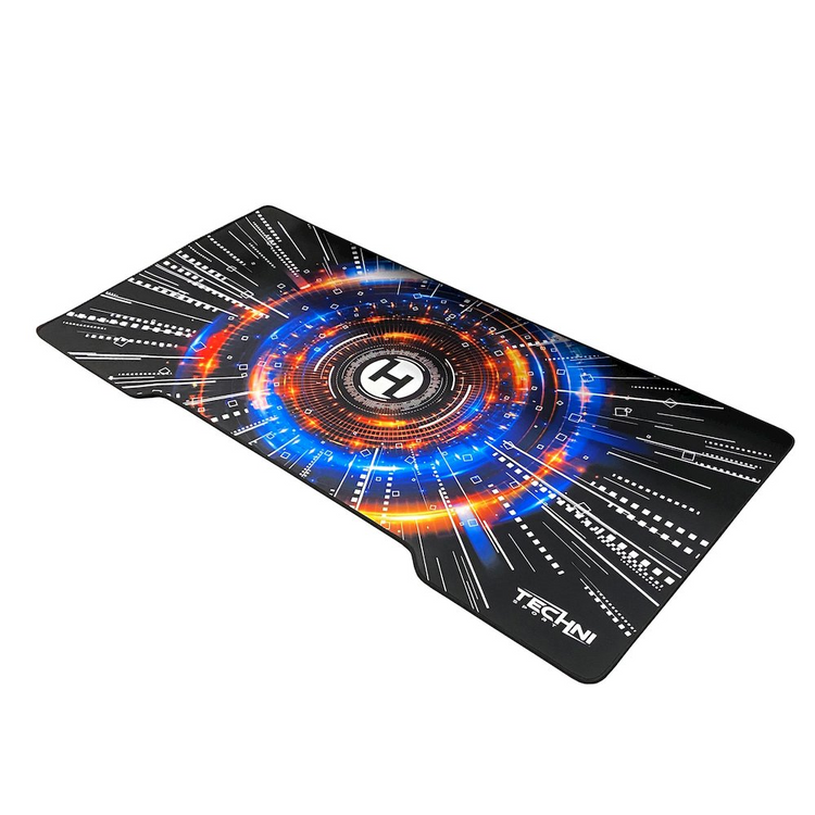 a black mouse pad with a colorful design