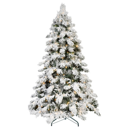 5FT 6FT 7FT 8FT Prelit Flocked Christmas Tree With Light, Snowy Pine Design, Warm White LED Lights, Hinged Branches, Metal Stand, Realistic Artificial Xmas Tree For Indoor Holiday Decoration