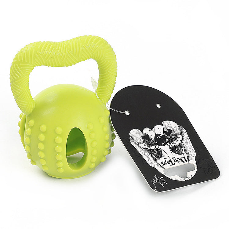 a green toy with a black tag