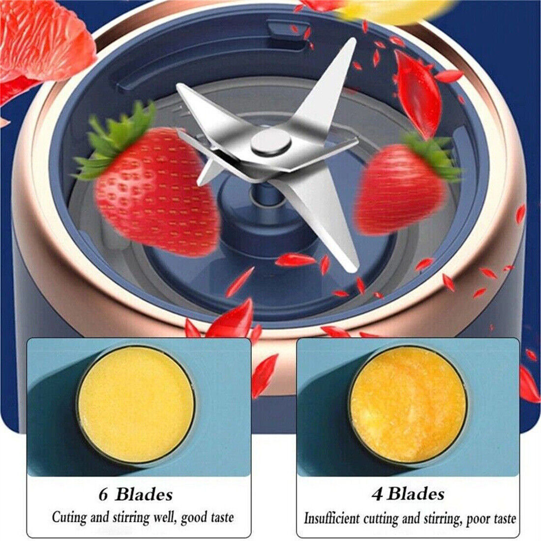 a blender with fruits and blades