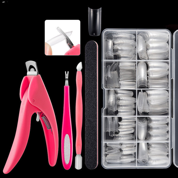 a pink nail clippers and a box of nail tips