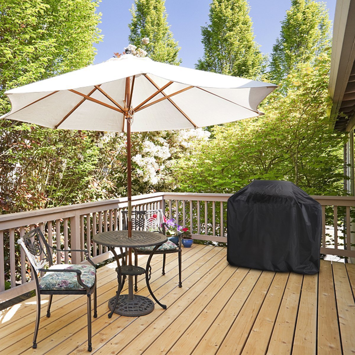 a patio with a table and chairs