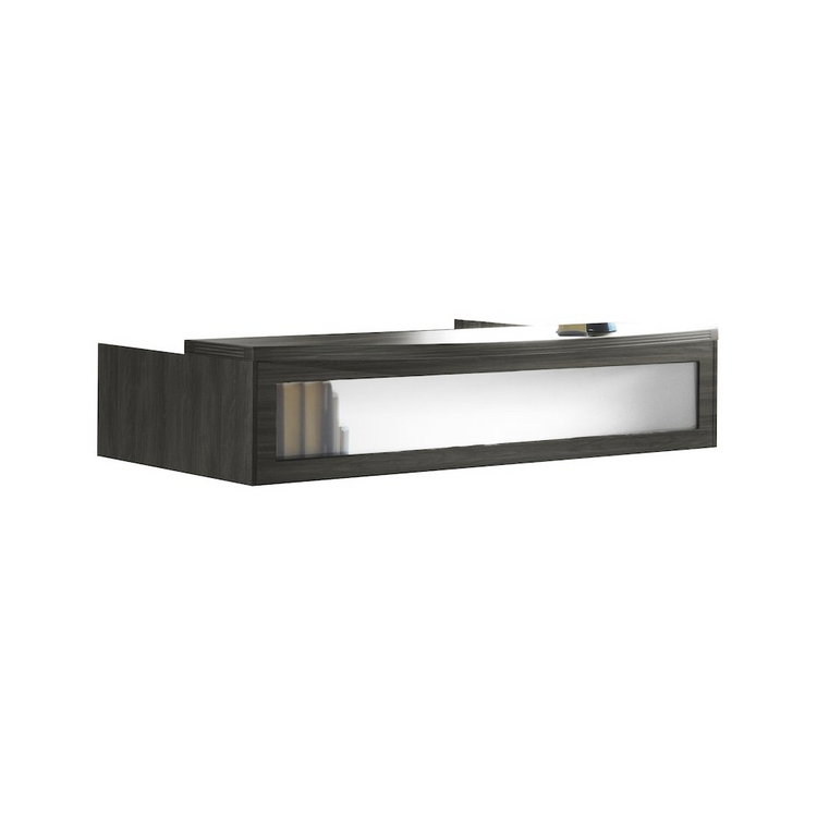 a desk with a glass shelf