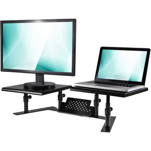 a laptop and monitor on a stand