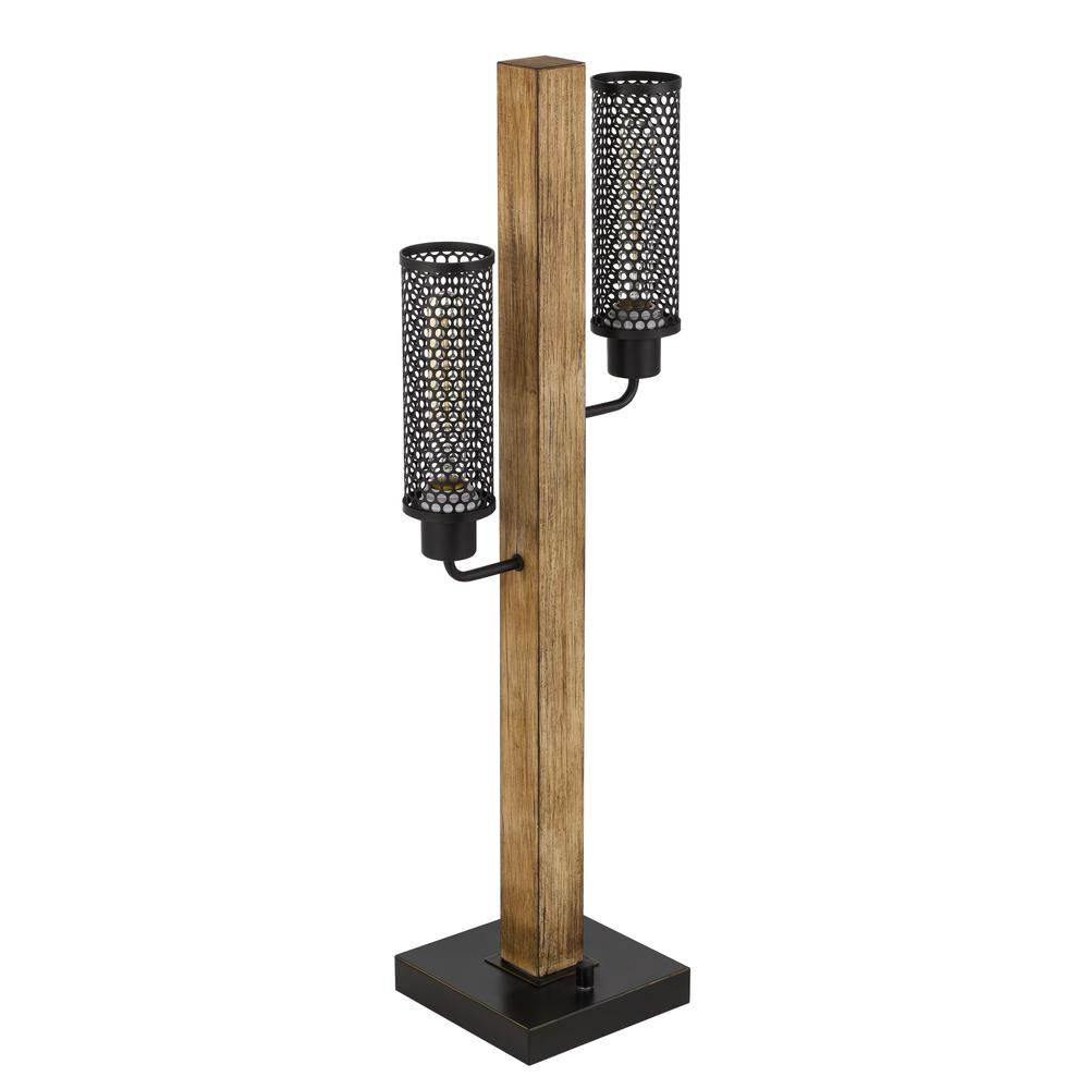 a wooden pillar with two lights