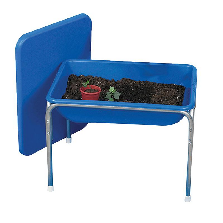 a blue tub with dirt in it
