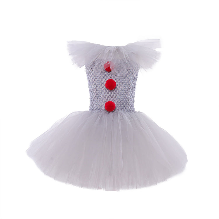 a white tutu with red buttons and a red clown nose