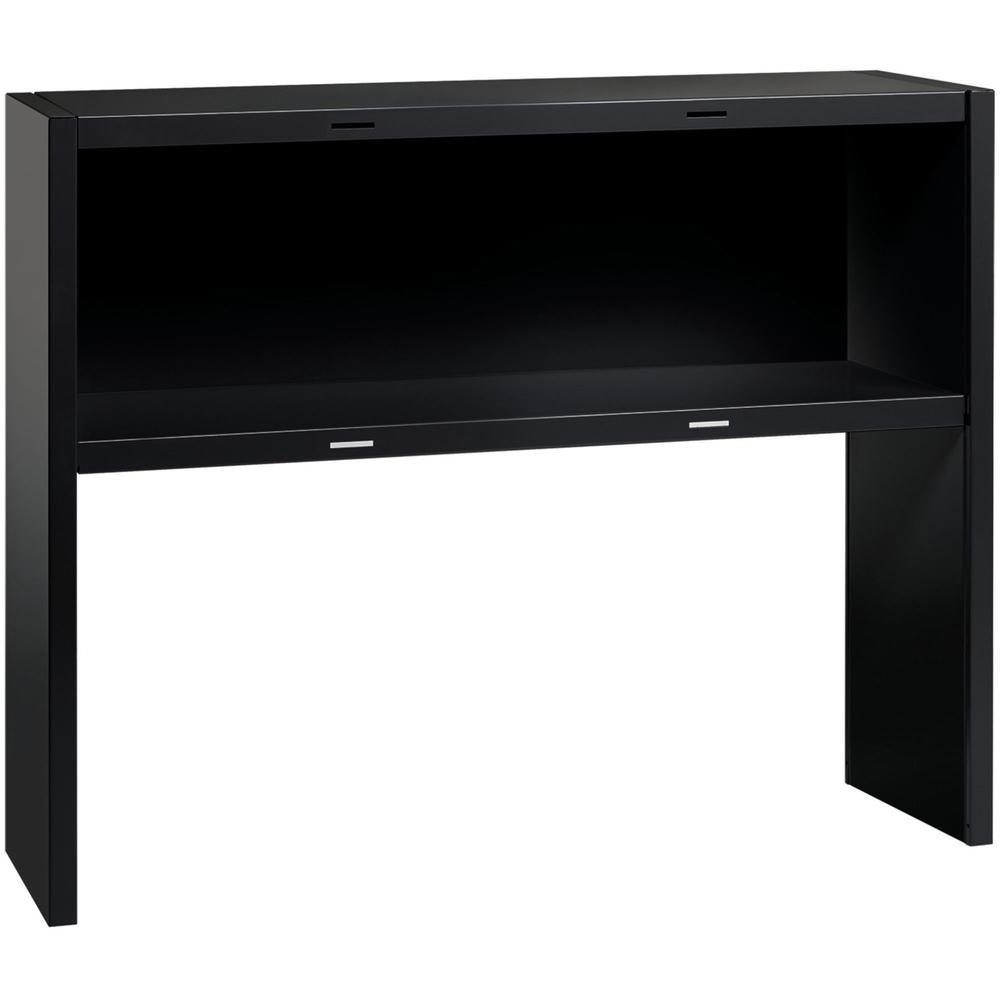 a black desk with a shelf