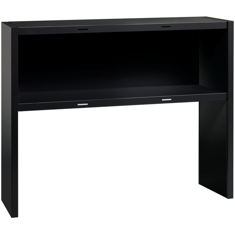 a black desk with a shelf