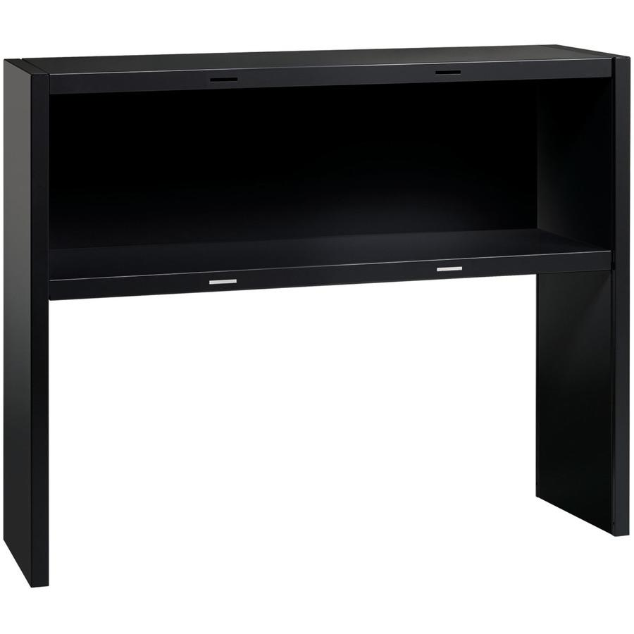 a black desk with a shelf
