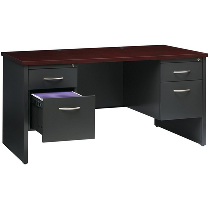 Lorell Mahogany Laminate/Charcoal Modular Desk Series Pedestal Desk - 2-Drawer - 60" x 30" , 1.1" Top - 2 x Box, File Drawer(s) - Double Pedestal - Material: Steel - Finish: Mahogany Laminate, Charcoa