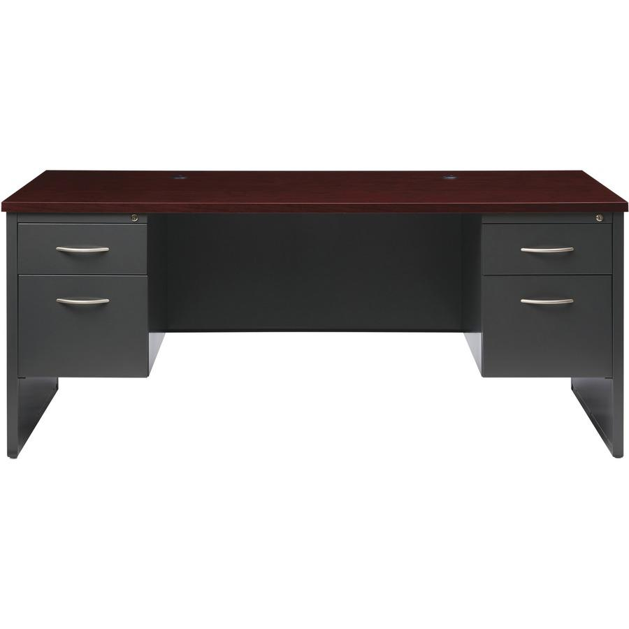 Lorell Mahogany Laminate/Charcoal Modular Desk Series Pedestal Desk - 2-Drawer - 72" x 36" , 1.1" Top - 2 x Box, File Drawer(s) - Double Pedestal - Material: Steel - Finish: Mahogany Laminate, Charcoa