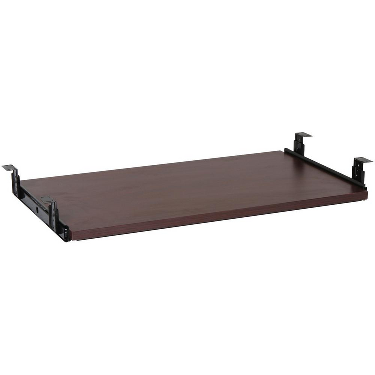a brown wood shelf with black metal brackets