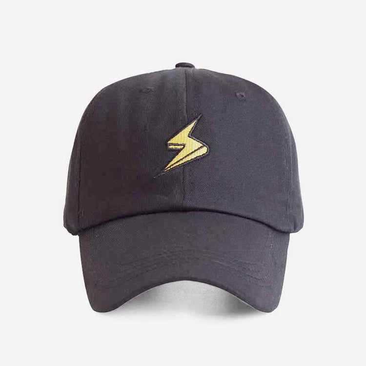 a black baseball hat with a yellow lightning bolt on it