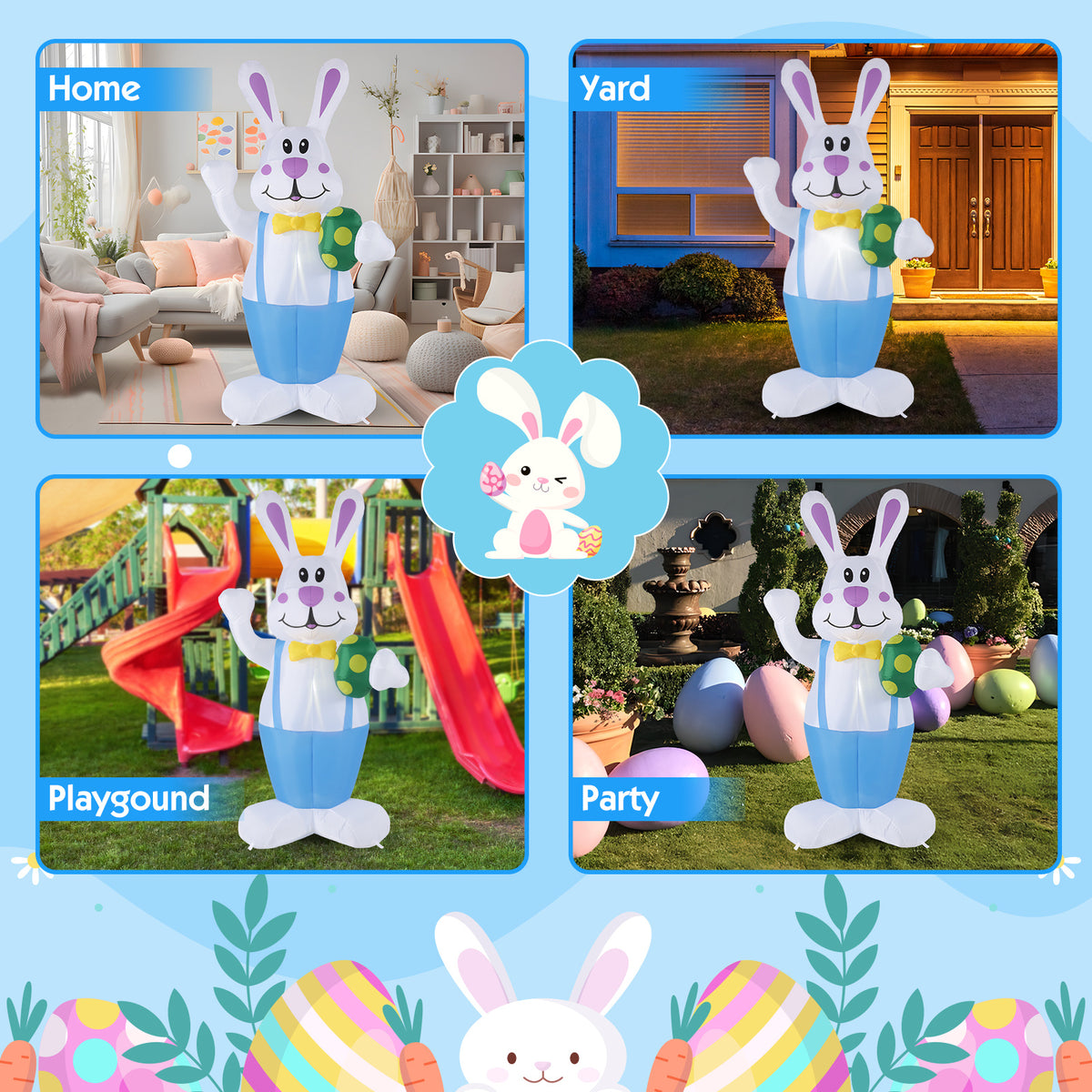 a collage of a inflatable bunny