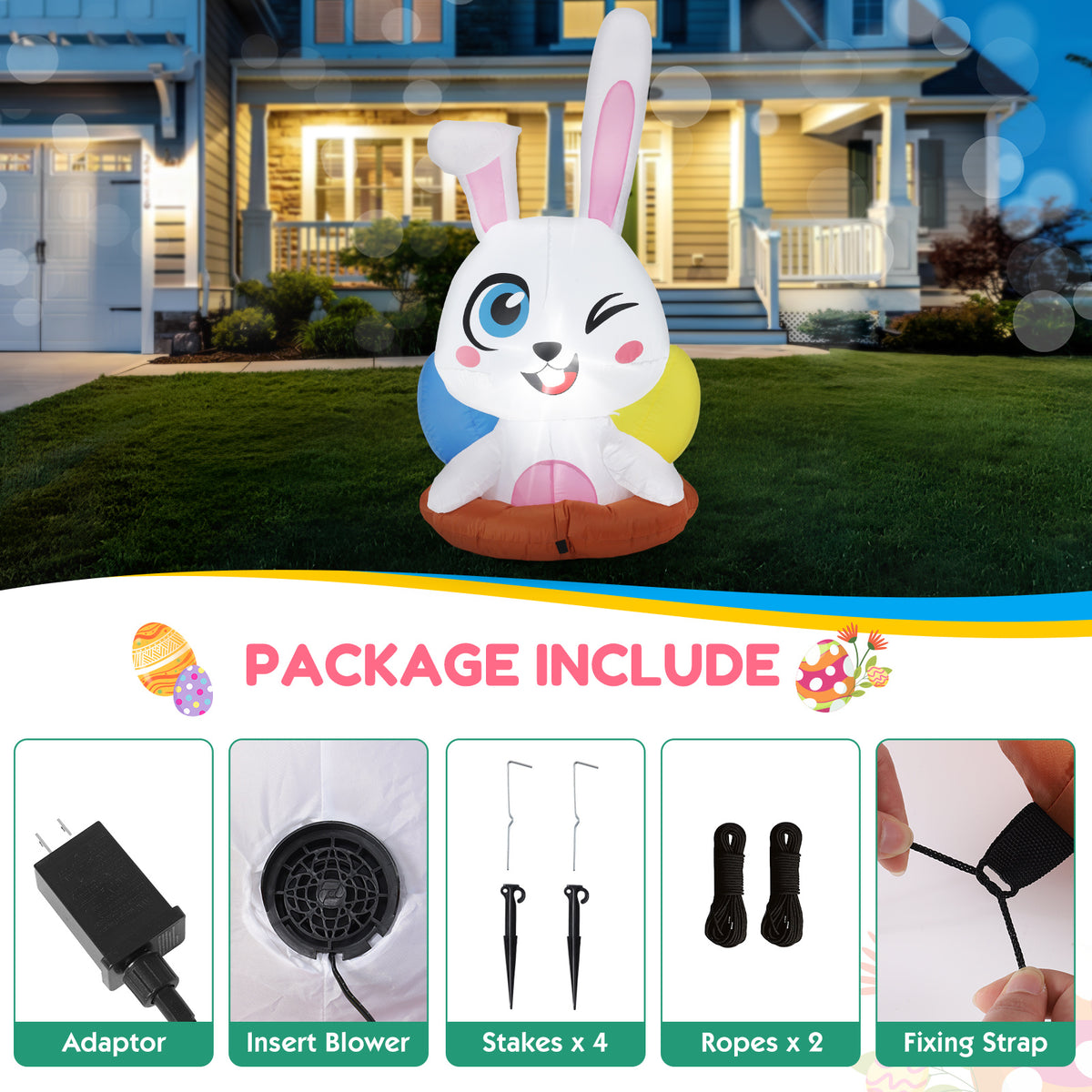 a inflatable bunny in front of a house