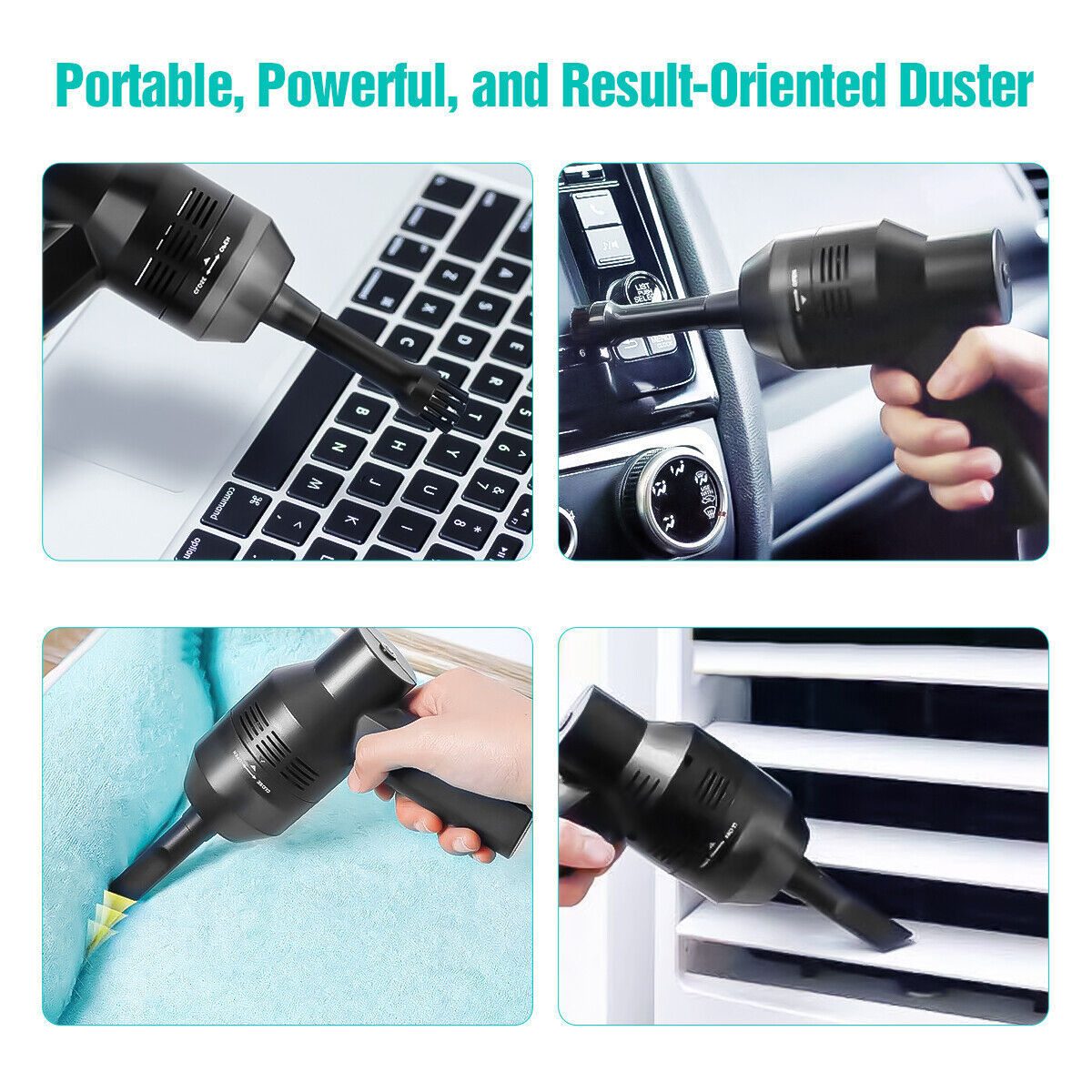 a collage of images of a hand holding a vacuum cleaner