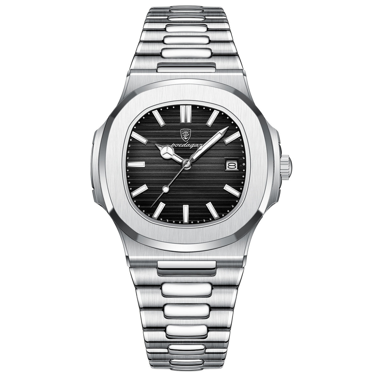 a silver watch with a black face