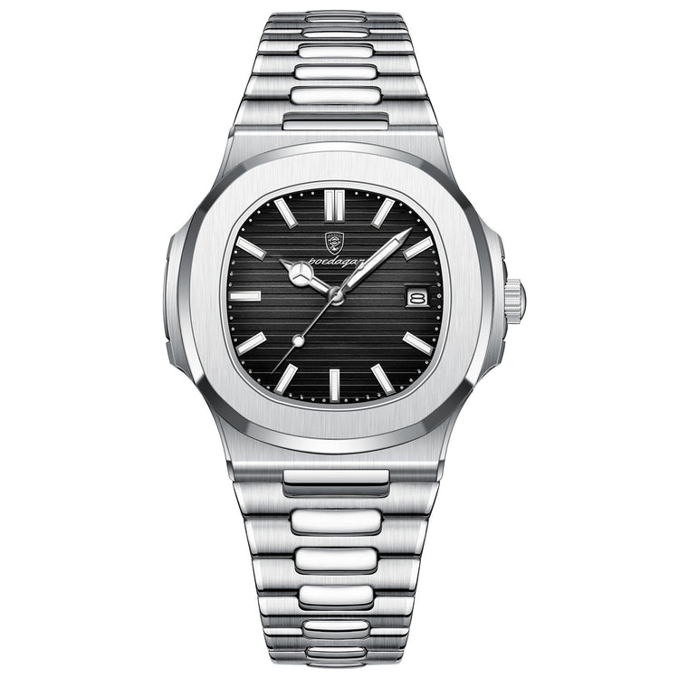 a silver watch with a black face