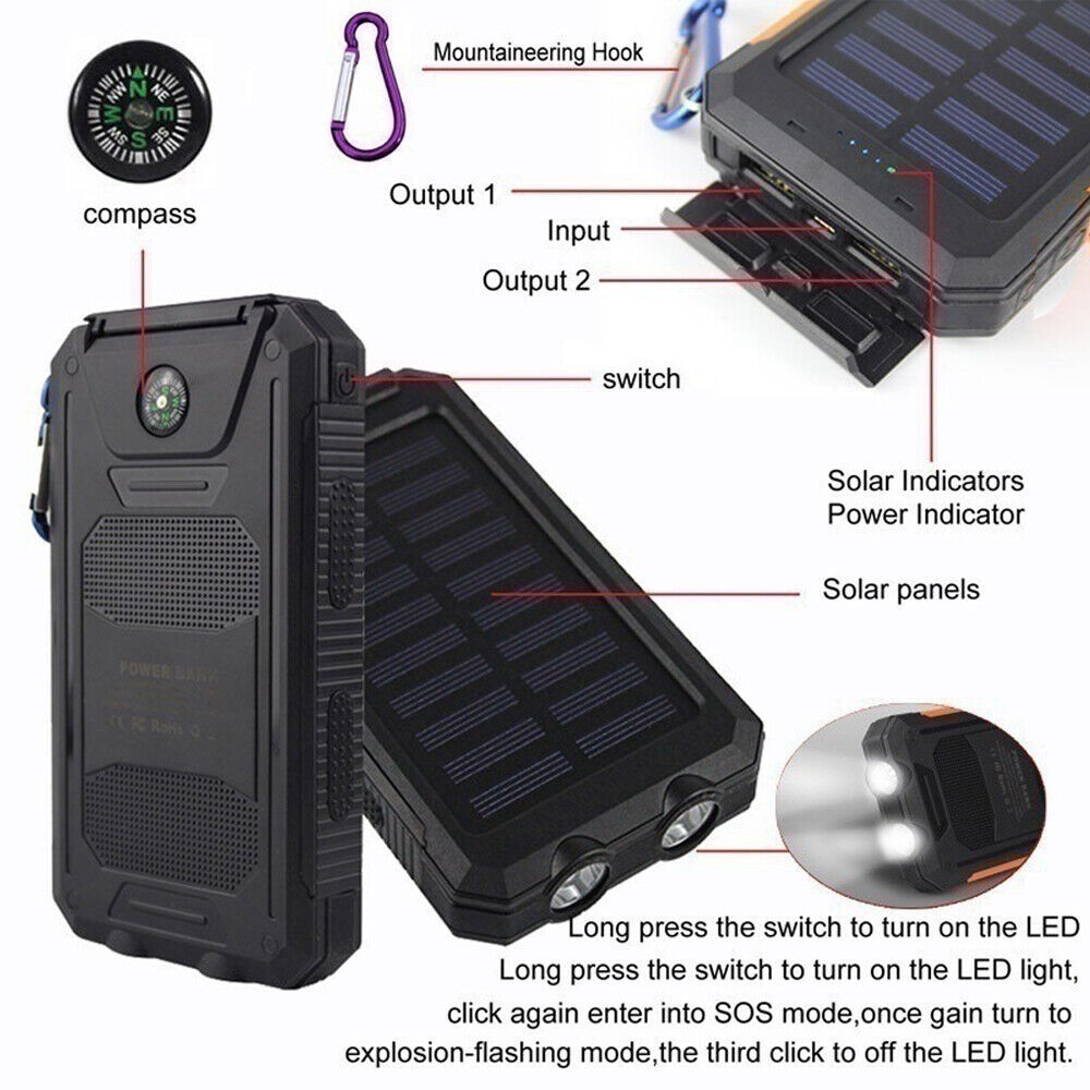 20000mAh Solar Power Bank Waterproof 2USB LED Battery Charger For Cell Phone