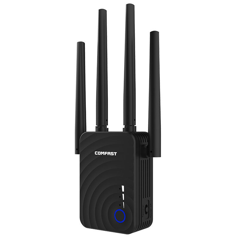 a black wireless router with multiple antennas