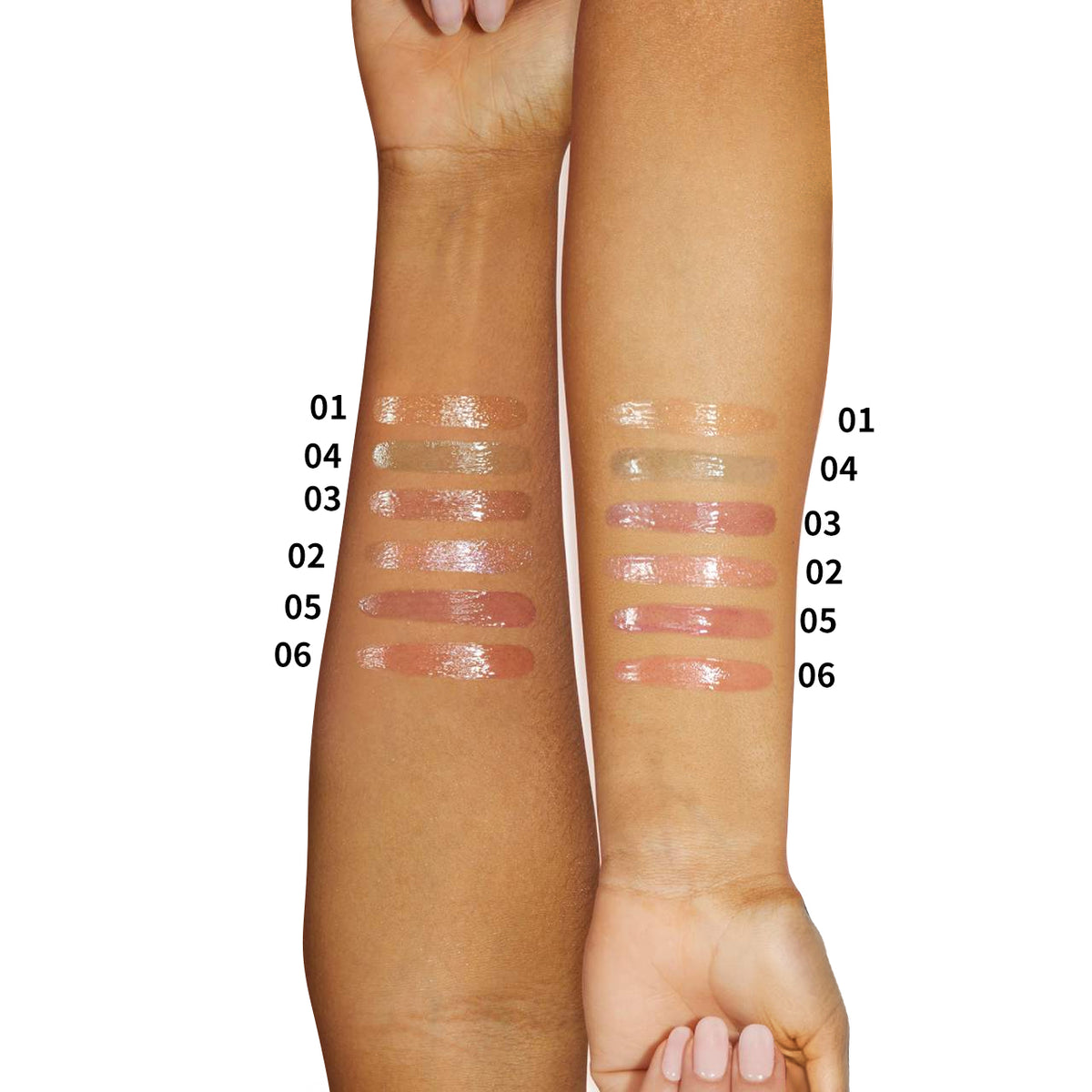a woman's hands with different shades of makeup on their arms