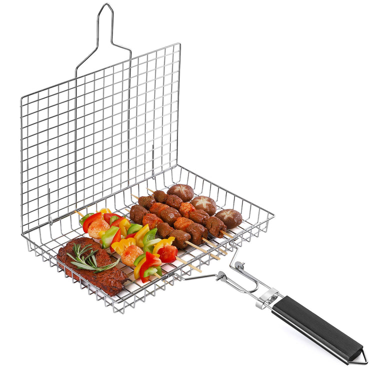 a grill with meat and vegetables