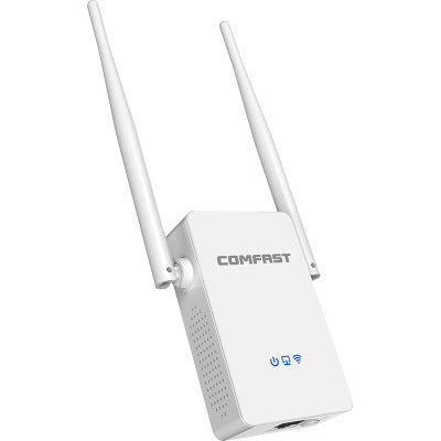 a white wireless router with two antennas