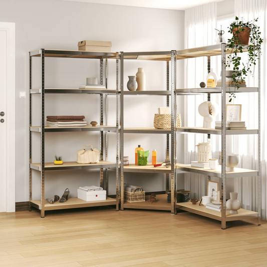 vidaXL 5-Layer Heavy-duty Shelves 3 pcs Silver Steel&Engineered Wood