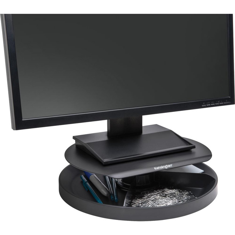 a black computer monitor with a tray of pens