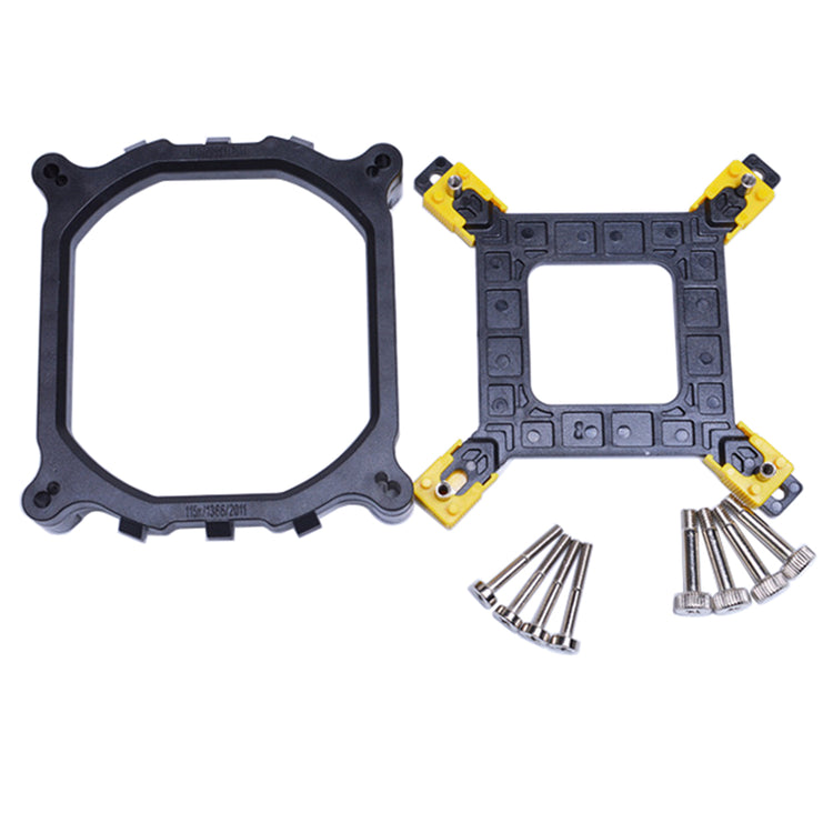 a black and yellow square with screws