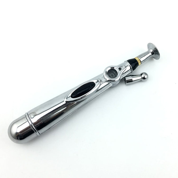 a silver pen with a black and yellow handle