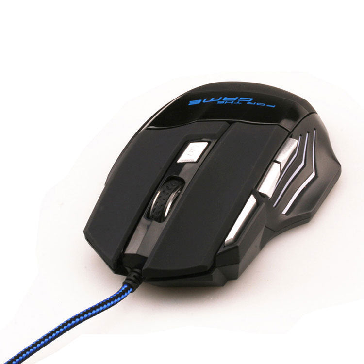 a black computer mouse with a blue cord