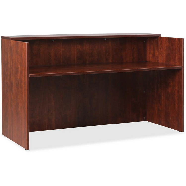 a brown desk with a shelf