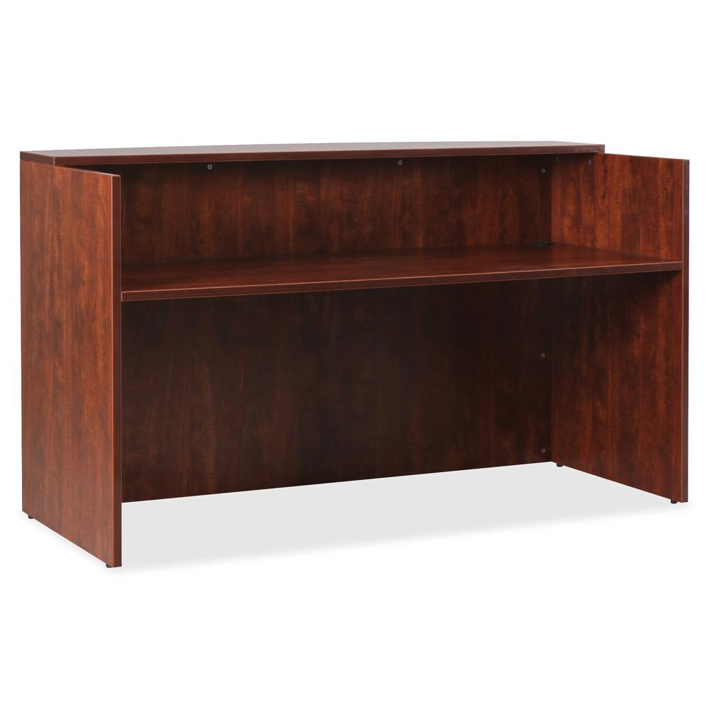 a brown desk with a shelf