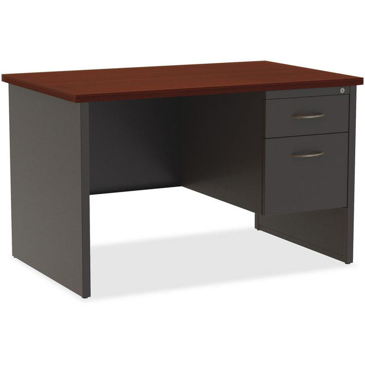 a desk with drawers and a wooden top