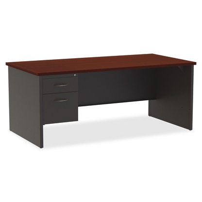 Lorell Mahogany Laminate/Charcoal Modular Desk Series Pedestal Desk - 2-Drawer - 72" x 36" , 1.1" Top - 2 x Box, File Drawer(s) - Single Pedestal on Left Side - Material: Steel - Finish: Mahogany Lami