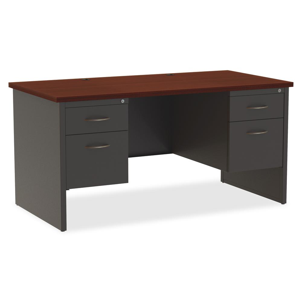 Lorell Mahogany Laminate/Charcoal Modular Desk Series Pedestal Desk - 2-Drawer - 60" x 30" , 1.1" Top - 2 x Box, File Drawer(s) - Double Pedestal - Material: Steel - Finish: Mahogany Laminate, Charcoa