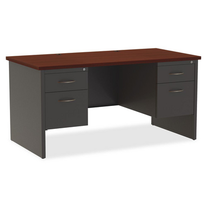 Lorell Mahogany Laminate/Charcoal Modular Desk Series Pedestal Desk - 2-Drawer - 60" x 30" , 1.1" Top - 2 x Box, File Drawer(s) - Double Pedestal - Material: Steel - Finish: Mahogany Laminate, Charcoa