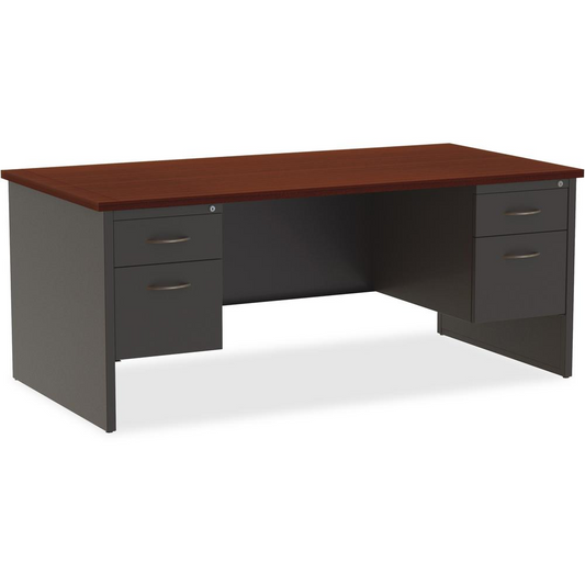 Lorell Mahogany Laminate/Charcoal Modular Desk Series Pedestal Desk - 2-Drawer - 72" x 36" , 1.1" Top - 2 x Box, File Drawer(s) - Double Pedestal - Material: Steel - Finish: Mahogany Laminate, Charcoa