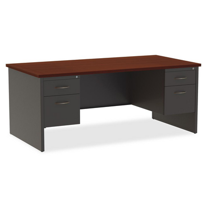 Lorell Mahogany Laminate/Charcoal Modular Desk Series Pedestal Desk - 2-Drawer - 72" x 36" , 1.1" Top - 2 x Box, File Drawer(s) - Double Pedestal - Material: Steel - Finish: Mahogany Laminate, Charcoa