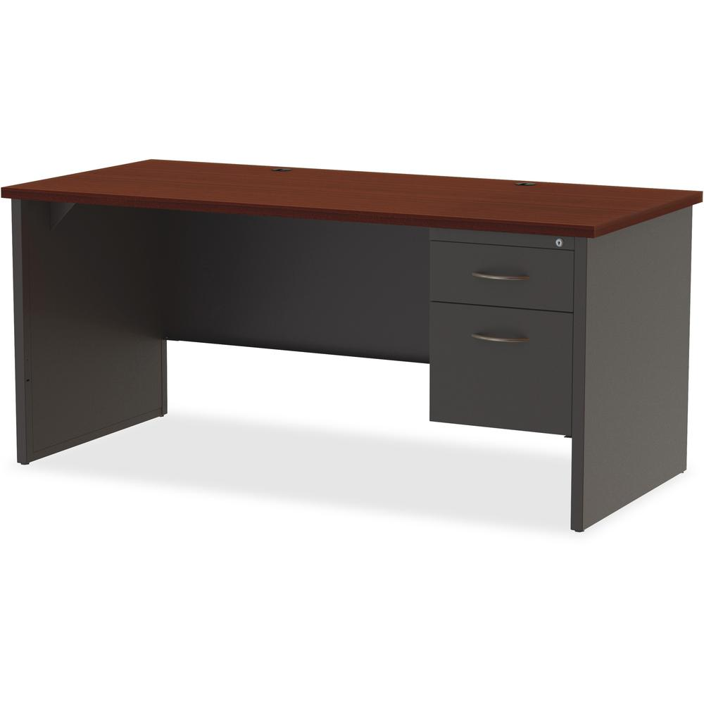 Lorell Fortress Modular Series Right-Pedestal Desk - 66" x 30" , 1.1" Top - 2 x Box, File Drawer(s) - Single Pedestal on Right Side - Material: Steel - Finish: Mahogany Laminate, Charcoal - Scratch Re