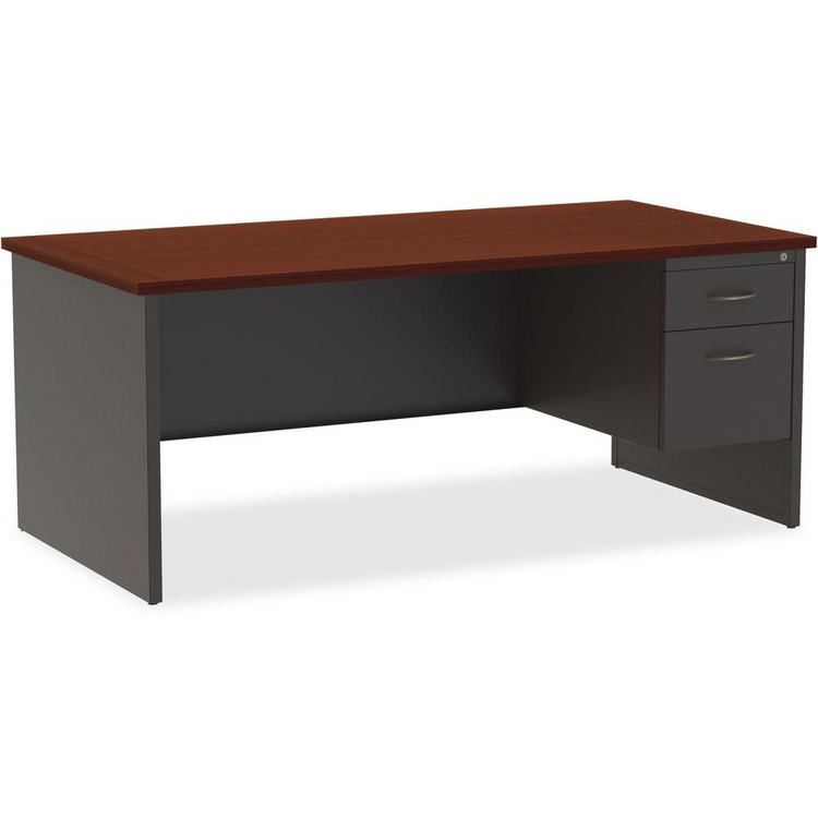 a desk with drawers and a wooden top